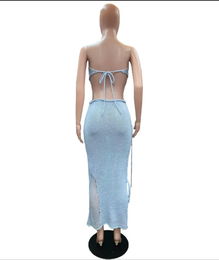 Solid Wrap Chest Tie Up Backless Top Knits Two Piece Skirts Set
