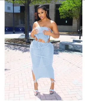 Solid Wrap Chest Tie Up Backless Top Knits Two Piece Skirts Set
