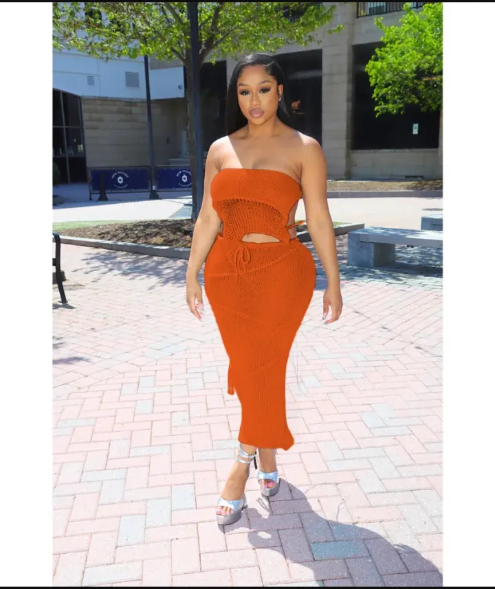 Solid Wrap Chest Tie Up Backless Top Knits Two Piece Skirts Set