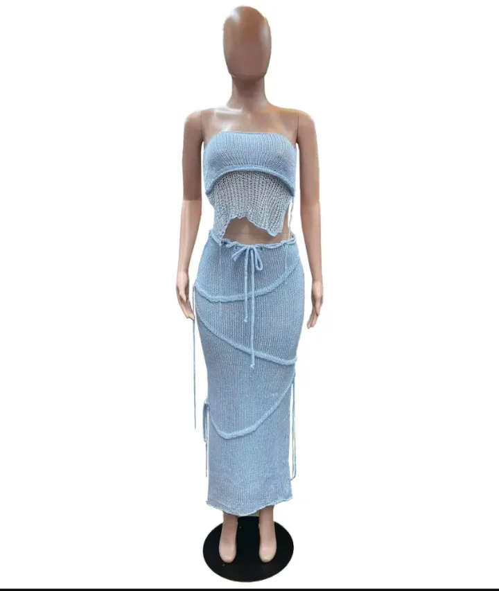Solid Wrap Chest Tie Up Backless Top Knits Two Piece Skirts Set