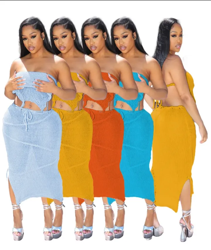 Solid Wrap Chest Tie Up Backless Top Knits Two Piece Skirts Set