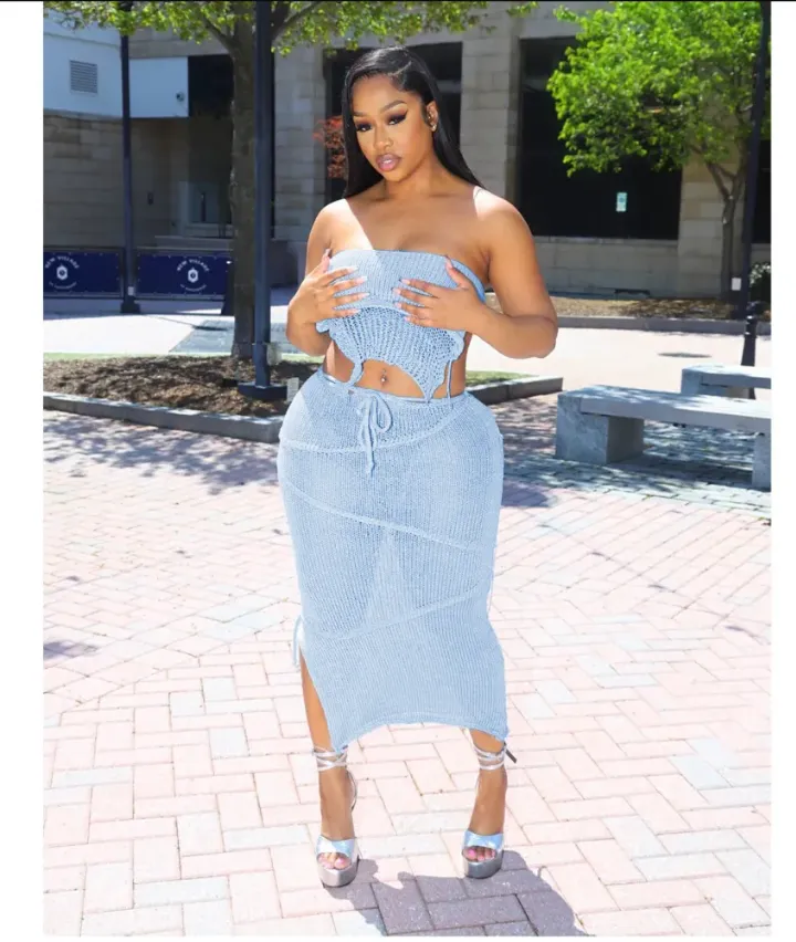 Solid Wrap Chest Tie Up Backless Top Knits Two Piece Skirts Set