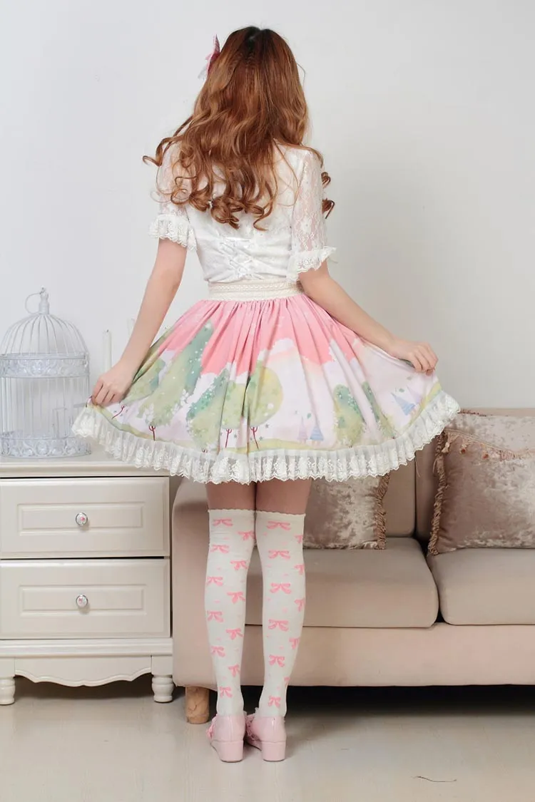 Sweet Pink Dream of Spring Printed Cute Girl's Short Pleated Lolita Skirt with Lace Trimming