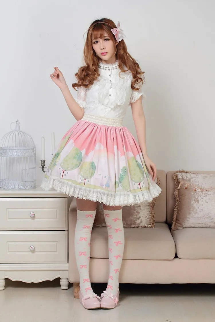 Sweet Pink Dream of Spring Printed Cute Girl's Short Pleated Lolita Skirt with Lace Trimming