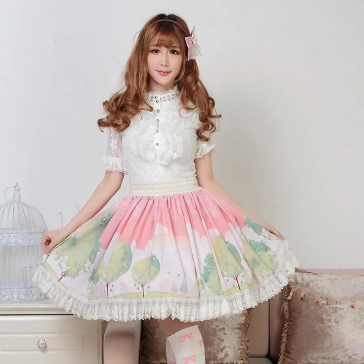 Sweet Pink Dream of Spring Printed Cute Girl's Short Pleated Lolita Skirt with Lace Trimming