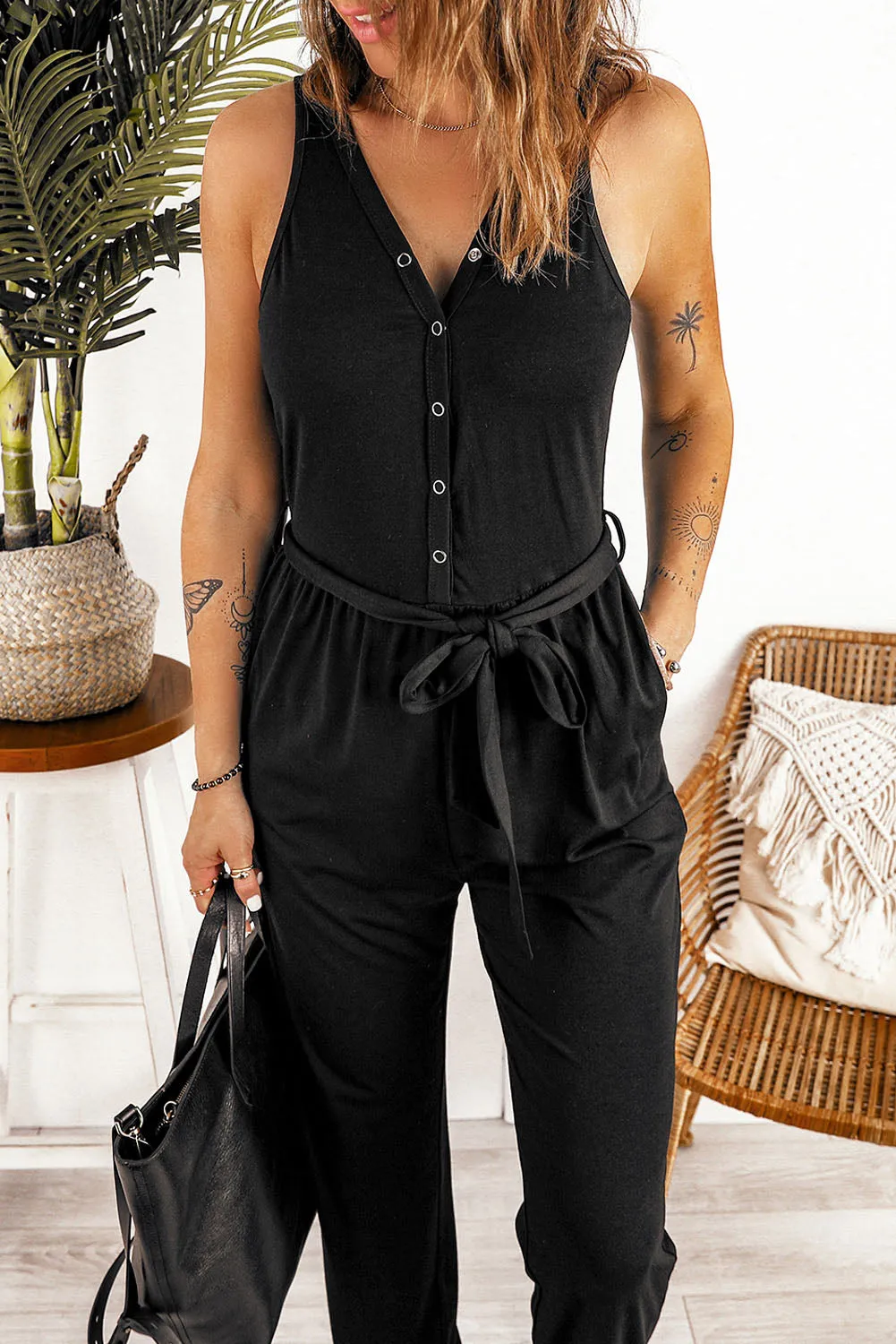 Tie Waist Snap Down Jumpsuit with Pockets