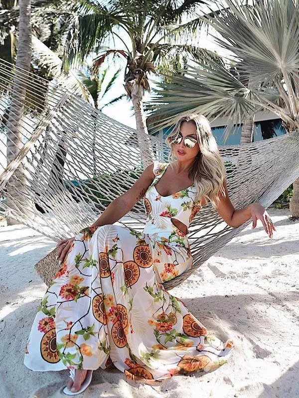 White Chiffon Floral Hollow Maxi Dresses