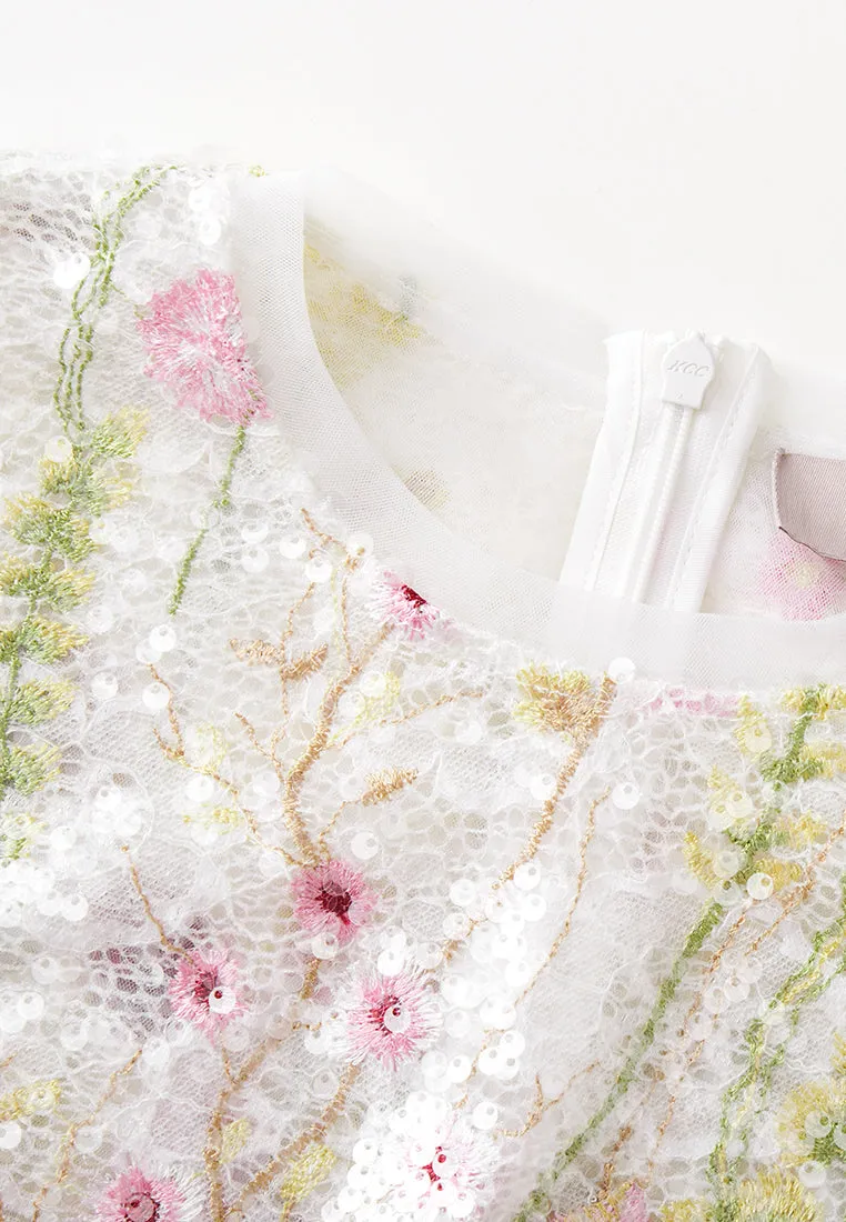 White Floral Embroidered & Mesh Two-pieces Gown