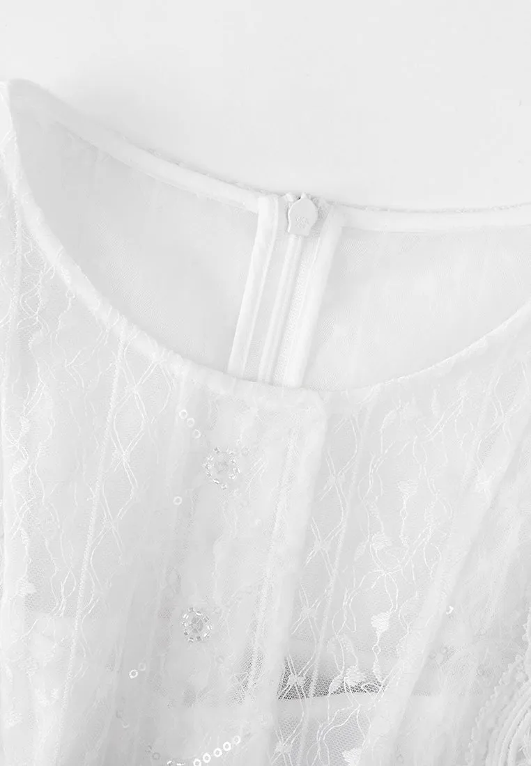 White Mid Sleeves Lace Midi Dress