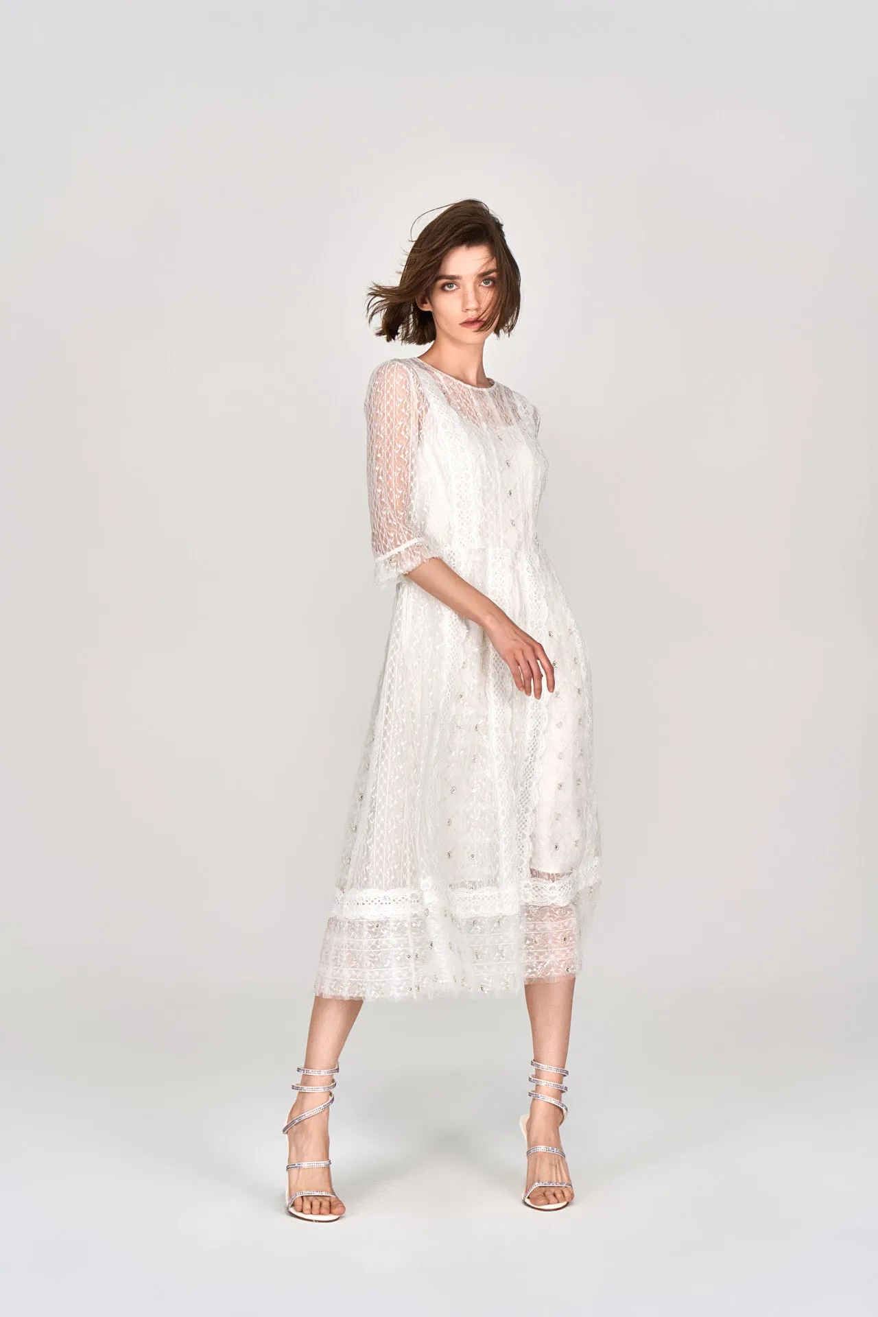 White Mid Sleeves Lace Midi Dress