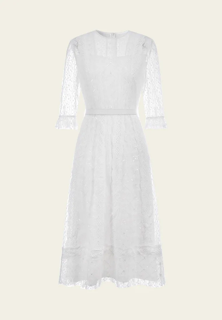 White Mid Sleeves Lace Midi Dress