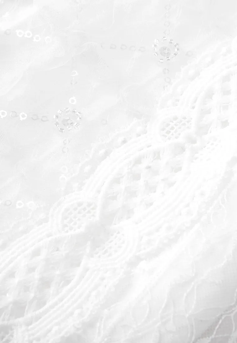 White Mid Sleeves Lace Midi Dress