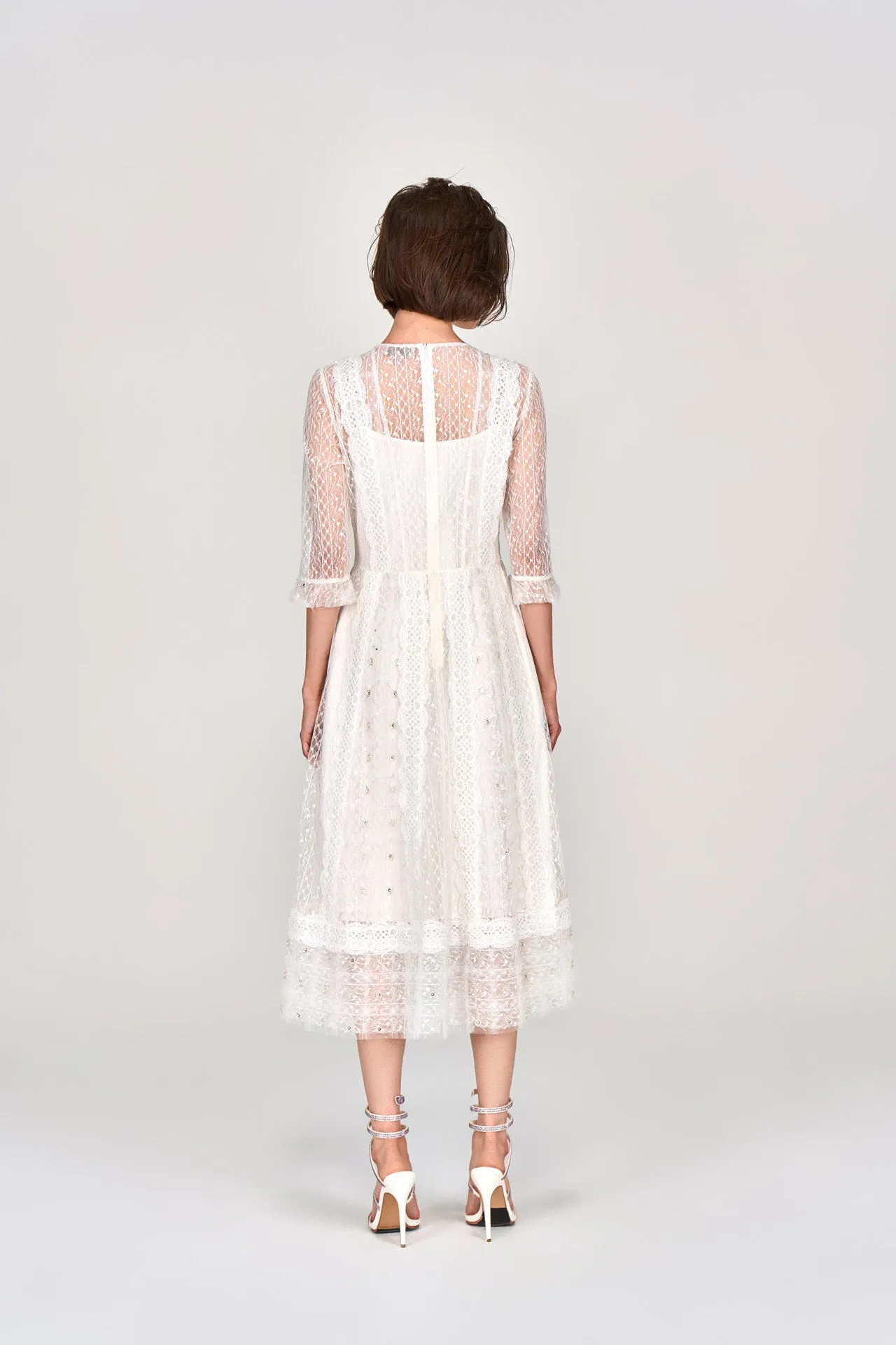 White Mid Sleeves Lace Midi Dress