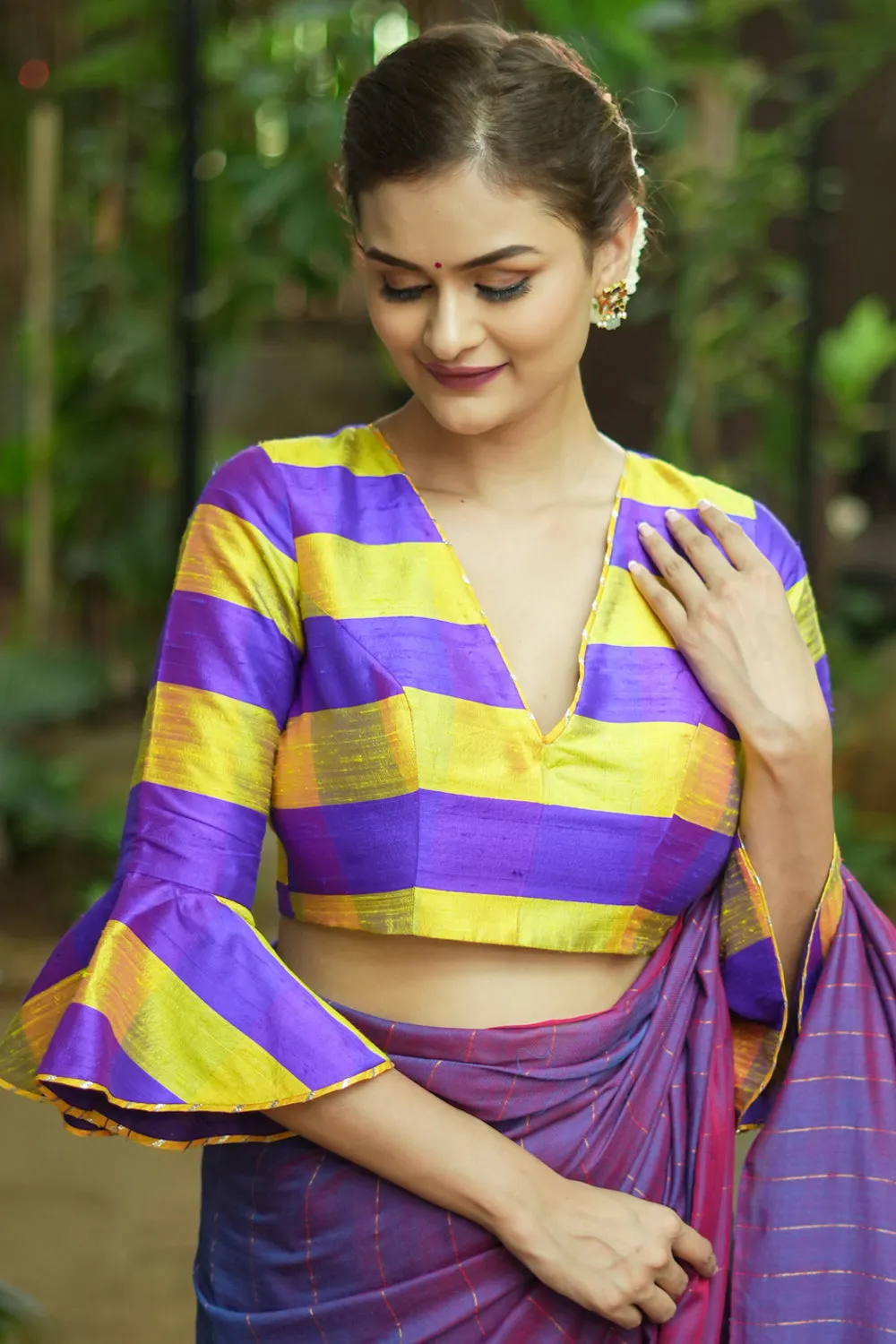 Yellow purple bold stripes design pure raw silk V neck blouse with bell sleeves