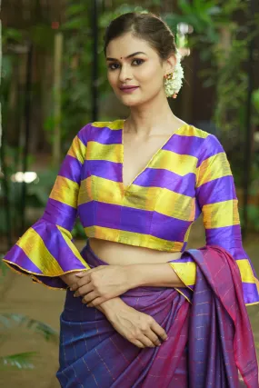 Yellow purple bold stripes design pure raw silk V neck blouse with bell sleeves