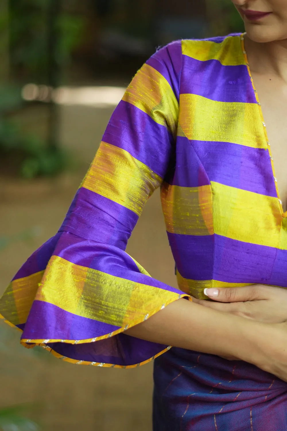Yellow purple bold stripes design pure raw silk V neck blouse with bell sleeves