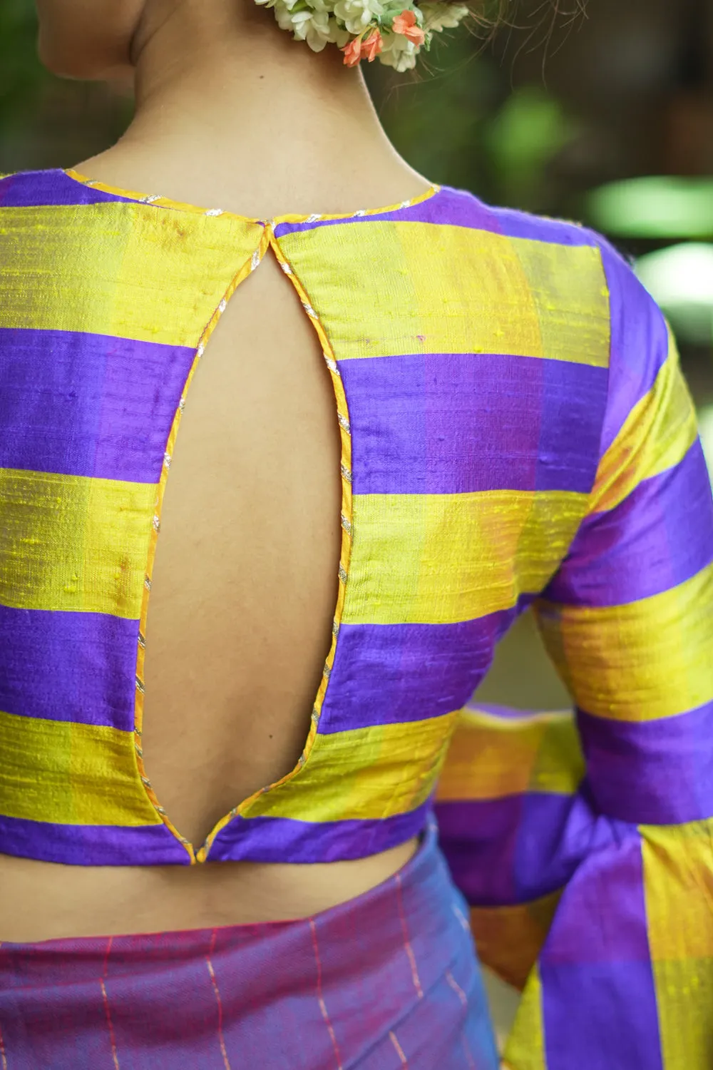 Yellow purple bold stripes design pure raw silk V neck blouse with bell sleeves