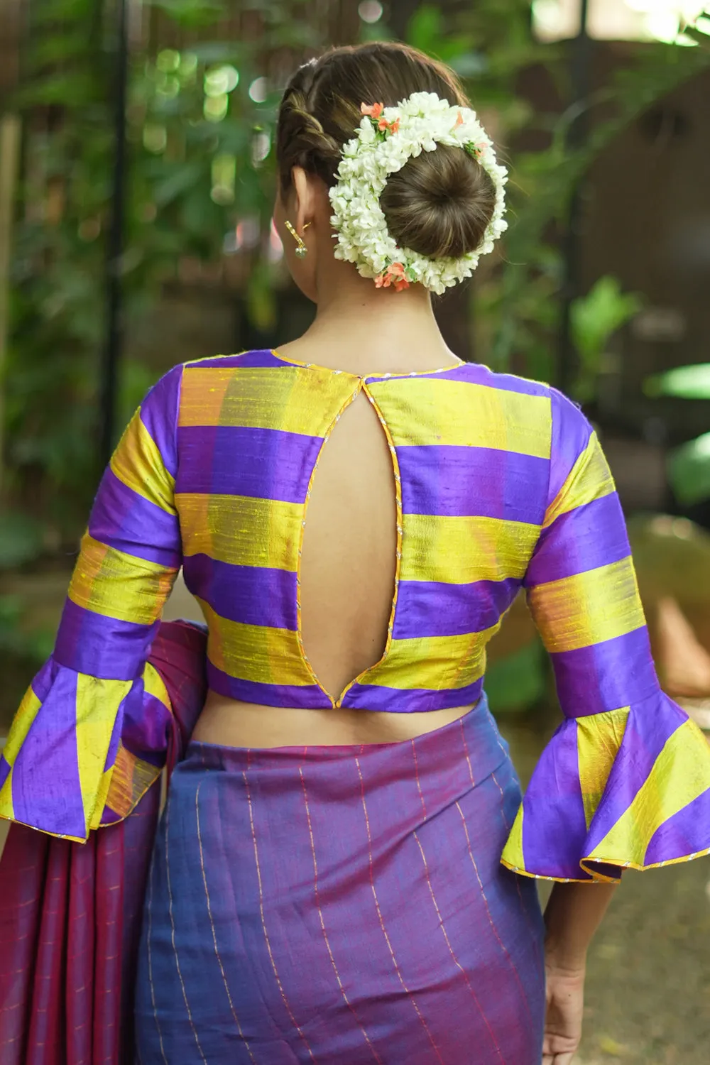 Yellow purple bold stripes design pure raw silk V neck blouse with bell sleeves